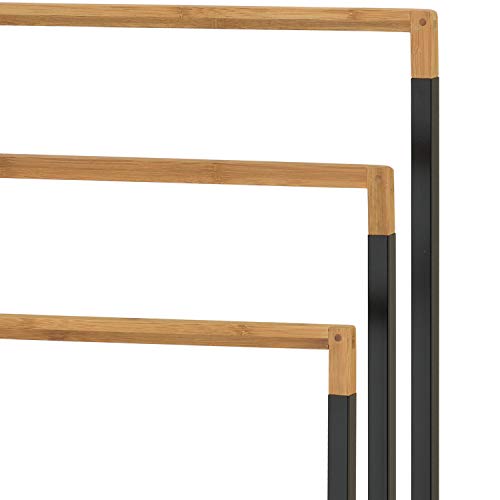 MyGift 33 Inch Standing Towel Rack, Freestanding Bath Towel Holder with 3 Tier Bamboo Wood Bar and Black Chrome Plated Metal, Drying Rack Stand for Bathroom, Laundry - size: 3 Tiers