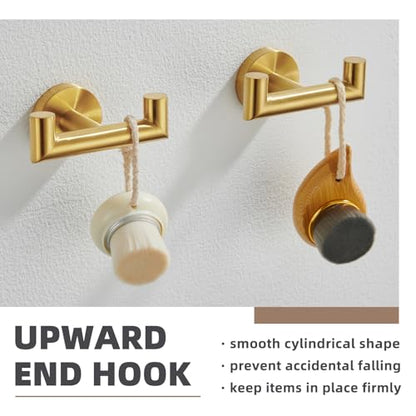 Brushed Gold Double Bathroom Robe Hooks, 2 Pack, Wall Mounted | Rustproof 304 Stainless Steel, Heavy-duty 11lbs Towel Hooks for Robes, Coats, Bags, Shower, Kitchen, Entryway Storage Hooks - color: Brushed Gold