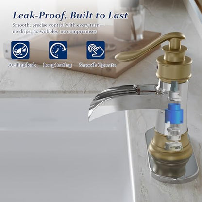 BWE Brass Waterfall Bathroom Faucet, Brushed Gold & Chrome for Modren Style | Wide Waterfall Spout, Ceramic Cartridge, Fits 1 or 3-Hole Sink, Single Handle, Hardware Kit Included, Not for Vessel Sink - color: Chrome & Gold