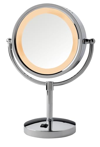 JERDON Lighted Makeup Mirror with 5X Magnification - Chrome - HL745CO | Two-Sided 1X View, 8.5" Diameter, 15.5" Tall, Halo Lighting - color: Chrome