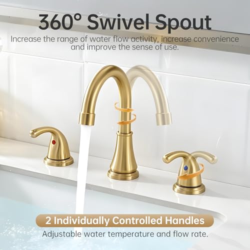 Bathroom Sink Faucet FRANSITON Centerset 8 Inch 2 Handle Bathroom Sink Faucet Lead-Free with Pop-up Drain Stopper and Supply Hoses (Brushed Gold, 8 Inch) - color: Brushed Gold