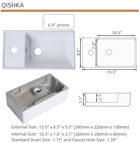 Small Wall Mount Bathroom Vessel Sink, QISHKA 15.5" X 8.5" Rectangular Floating Ceramic Wash Hand Basin- White Wall Hung Vanity Sink with Overflow for Small Bathroom (Left Hand) - size: 15.5" x 8.5" x 5.1"