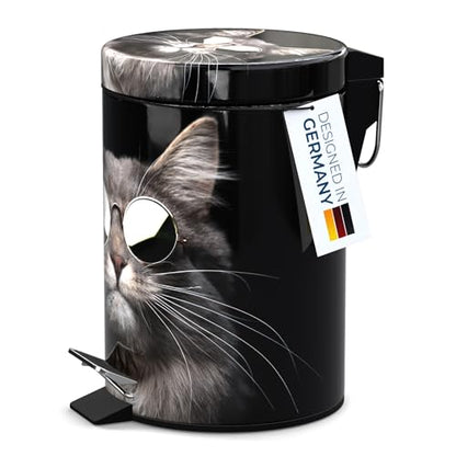 Sanilo Small Bathroom Trash Can with Lid [1.3 Gallon] - Lidded Tiny Trashcan for Garbage - Mini Metal Bin with Soft Closing Mechanism - Bath Room Accessoire Wastebin with Inner Bucket (Cool Cat) - color: Cool Cat