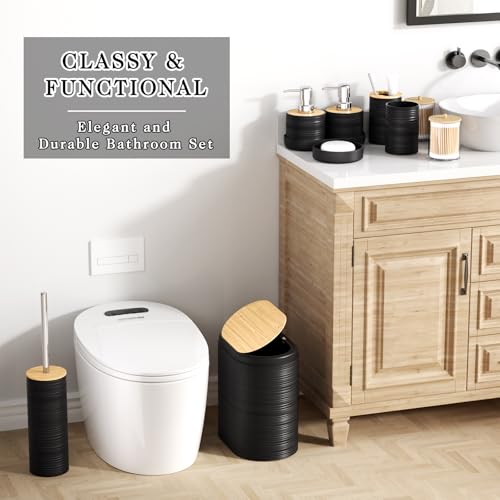 XLHOMO Black Bathroom Set - 10PC Bathroom Accessories Set, Luxury Bathroom Accessory Set with Trash Can,Toilet Brush & 2 PC Soap Dispensers for Apartment Decor and Housewarming - size: Press-lid Bathroom Set, style: Black