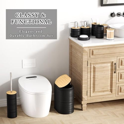 XLHOMO Black Bathroom Set - 10PC Bathroom Accessories Set, Luxury Bathroom Accessory Set with Trash Can,Toilet Brush & 2 PC Soap Dispensers for Apartment Decor and Housewarming - size: Press-lid Bathroom Set, style: Black