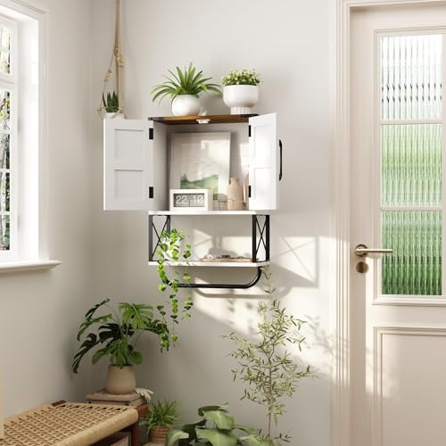 RUSTOWN Farmhouse Rustic Medicine Cabinet with Two Barn Door,Wood Wall Mounted Storage Cabinet w/Dark Brown Top & Adjustable Shelf and Towel Bar, 3-Tier Cabinet for Bathroom(White) | Dark Brown Top, Adjustable Shelf, Towel Bar, 3-Tier Rustic Wood Wall Mou