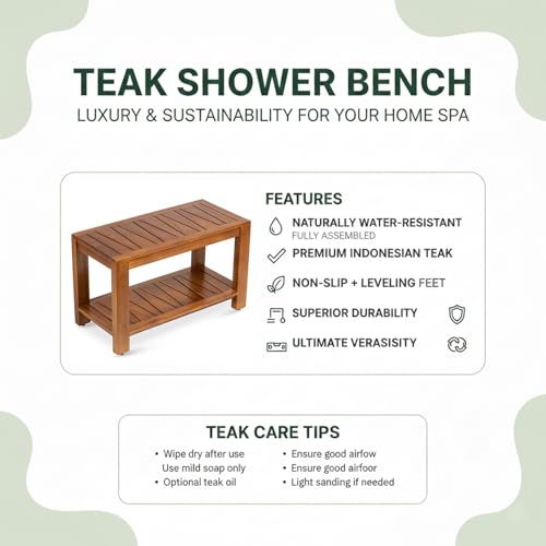 Teak Shower Bench with Shelf, 30” Wide, Shower Stool, Fully Assembled Bathroom Shower Seat, Water-Resistant Spa Bath Bench for Shower, Bathroom & Entryway, The Botein