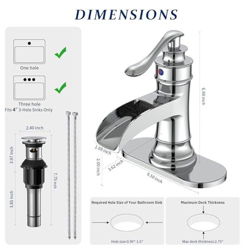 BWE Brass Chrome Waterfall Bathroom Faucet for Modern Powder Room | Wide Waterfall Spout, Ceramic Cartridge, Fits 1 or 3-Hole Sink, Single Handle, Hardware Kit Included, Not for Vessel Sink - color: Chrome
