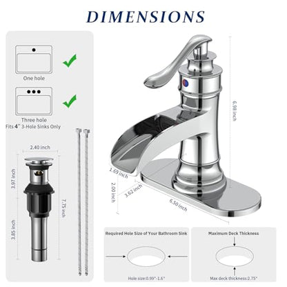 BWE Brass Chrome Waterfall Bathroom Faucet for Modern Powder Room | Wide Waterfall Spout, Ceramic Cartridge, Fits 1 or 3-Hole Sink, Single Handle, Hardware Kit Included, Not for Vessel Sink - color: Chrome