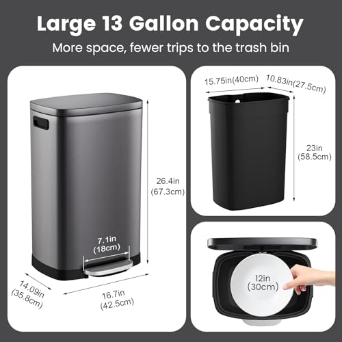 ELPHECO Kitchen Trash Can with Lid 13 Gal Stainless Steel Pedal Garbage Can | Soft Close Lid Pedal Heavy-Duty Fingerprint Proof Step Wastebasket with 20 Bags Removable Bucket, Home Office Titanium Silver - color: Titanium Silver
