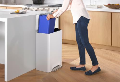 Kohler 20956-STW 11 Gallon Dual Compartment Trash Can, Quiet-Close Lid, Trash Can with Soft-Close and Foot Pedal, Stainless and White - color: White Stainless Steel, size: 11 Gallon - Dual Compartment