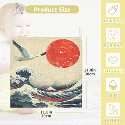 YETTASBIN Sea Waves Muslin Baby Hand Washcloths, Soft Cotton Bath Face Towel, 4 Layers Extra Absorbent Feeding Burp Cloth for Newborn Infant, 5 Pack - size: 12 Inch x 5 Pack