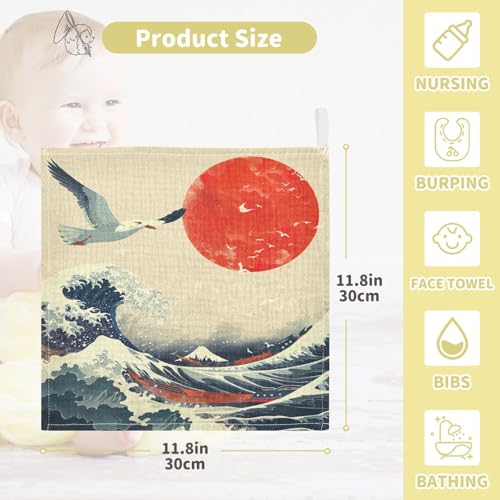 YETTASBIN Sea Waves Muslin Baby Hand Washcloths, Soft Cotton Bath Face Towel, 4 Layers Extra Absorbent Feeding Burp Cloth for Newborn Infant, 3 Pack - size: 12 Inch x 3 Pack