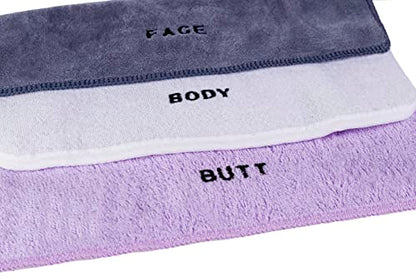 Crafty Cloth 6-Piece Washcloth Set – Face, Body, Butt Cloths | 3 Distinct Textures | Ultra-Soft, Rigid Exfoliation, and Hygiene Cloths for Sensitive Areas (Gray,White,Purple, Embroidered 6-Piece Set) - color: Gray,white,purple