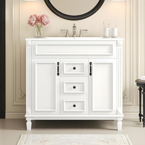 Merax 36" Bathroom Vanity with Sink, 2 Doors & 2 Drawers Storage Cabinet | Freestanding Single Bathroom Sink Vanity Cabinet Set with 36" Ceramic Sink (Sink Cabinet Only, White) - color: White, style: Sink Cabinet Only