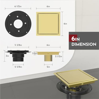 6 Inch Square Shower Drain Gold Floor Drain with Flange Reversible 2-in-1 Cover Tile Insert Grate Removable SUS304 Stainless Steel CUPC Certified Brushed Gold - color: Brushed Gold, size: 6 Inch