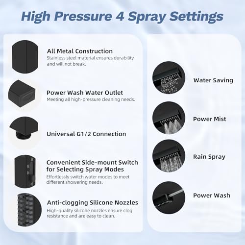 Hibbent 5-Mode 13" Rain Shower head, 4-Spray Handheld Shower, Matte Black | cUPC Certified High Pressure Showerhead Combo, All Metal 4-way Diverter Extension Arm & Handheld Spray, 71'' Hose & Holder - color: Matte Black, style: Square 13"