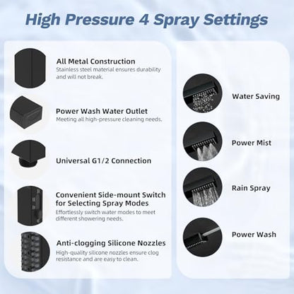 Hibbent 5-Mode 13" Rain Shower head, 4-Spray Handheld Shower, Matte Black | cUPC Certified High Pressure Showerhead Combo, All Metal 4-way Diverter Extension Arm & Handheld Spray, 71'' Hose & Holder - color: Matte Black, style: Square 13"