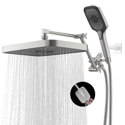 Jcrob High Pressure Wide Rain Shower Head with Handheld Spray Combo, 14 Inch Rainfall Shower Heads with Adjustable Extention Arm, Dual Waterfall Showerhead with 3-Way Diverter(Brushed Nickel) - color: Brushed Nickel, size: 14 Inch
