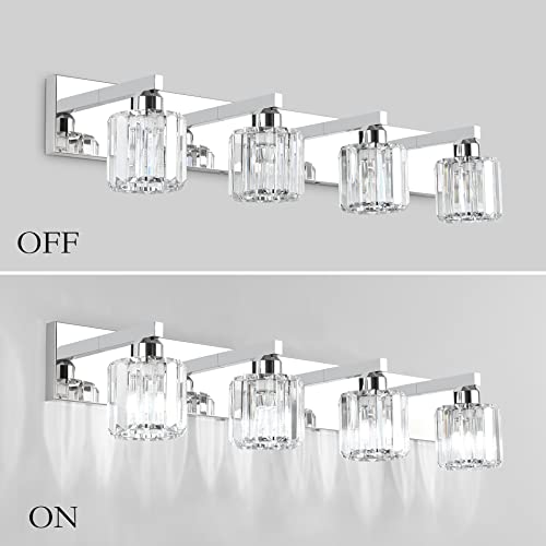 Aipsun Crystal Bathroom Vanity Light Modern Vanity Lighting Fixtures Crystal Vanity Light for Bathroom 4 Lights(Not Include Bulb) - color: Chrome (Round), size: 32 inch
