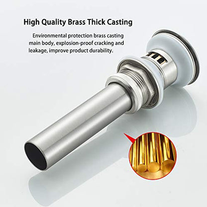 Bathroom Sink Drain with Strainer Basket Hair Catcher Anti-Explosion Anti Clog Pop Up Drain Stopper Vanity Vessel Sink with Overflow, Brushed Nickel - color: Brushed Nickel, size: With Overflow