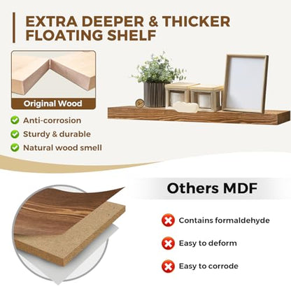 Solid Wood Floating Shelves, 36 Inch Wall Shelves, Set of 2, Brown | 8 Inch Deep, 1.6 Inch Thick, Extra-Wide Display Space, Mounting Hardware Included, For Kitchen, Bathroom and Living Room - color: Brown, size: 36x8x1.6