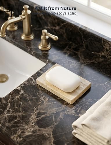 Marble Soap Dish for Shower | Real Marble Beige Travertine, Non-Slip Feet, Stone Bar Soap Saver, Holder Container for Bathroom Accessories Rectangular - size: Beige Travertine