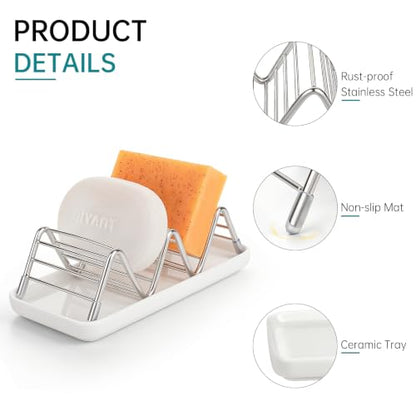 Stainless Steel Soap Dish Draining Soap Holder with Ceramic Tray, Silver | Reversible Design Fits 2-3 Bars, Rustproof, Easy to Clean, Space Saving, Non Slip, for Bathroom, Shower, Kitchen - color: Silver, size: 6.3" x 3.0"(with tray)