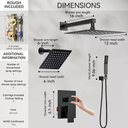 Shower System Shower Faucet Set, STARBATH 12"+6" Wall Mount Rain Shower Head and Handheld Spray for Two Person, Rainfall Shower System with Diverter Valve and Trim Kit Complete,Matte Black - color: Matte Black, size: 12"+6"-1