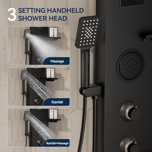 Homevacious 4 In 1 Shower Panel System with Shelf Matte Black | LED Rain Shower Head Adjustable Massage Body Jets 3 Functions Handheld Head Tub Spout Stainless Steel - color: Matte Black, style: LED Shower Panel