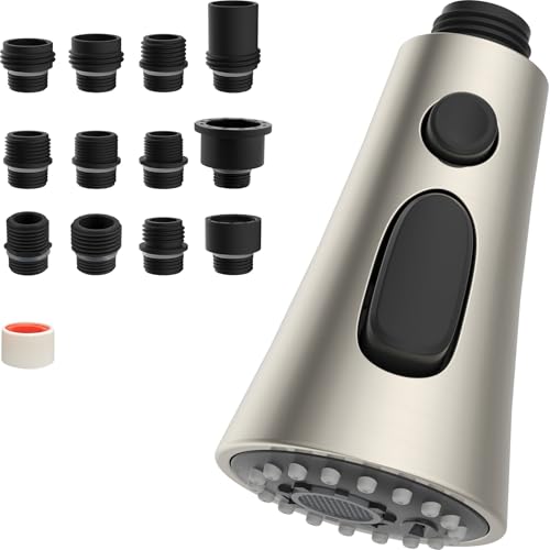 Hibbent 3-Function Pull Down Kitchen Faucet Head Replacement with 12 Adapters, NSF/ANSI/CAN 61 & CUPC Certified Sink Spray Nozzle, Compatible with Moen, Delta, Kohler Faucets, Brushed Nickel - color: Brushed Nickel