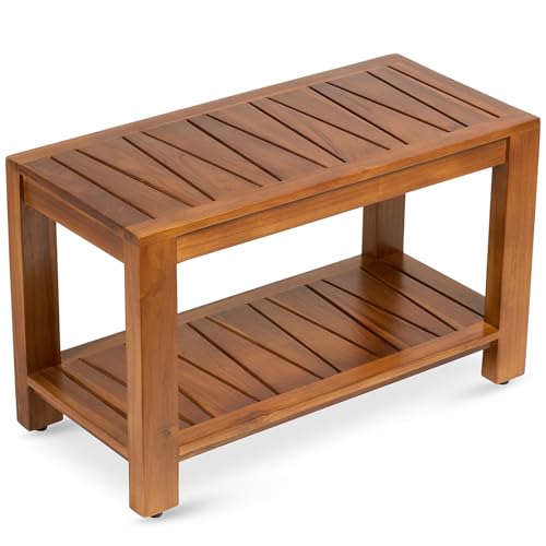 Teak Shower Bench with Shelf, 30” Wide, Shower Stool, Fully Assembled Bathroom Shower Seat, Water-Resistant Spa Bath Bench for Shower, Bathroom & Entryway, The Botein