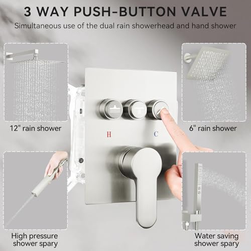 Shower System Dual Head，STARBATH 12+6" Rainfall Shower Head and Handheld Spray, Wall Mounted 3 Way Shower Faucet Set with Push Button Pressure Balance Valve and Trim Kit Brushed Nickel - color: Brushed Nickel, size: 6+12 inch-08