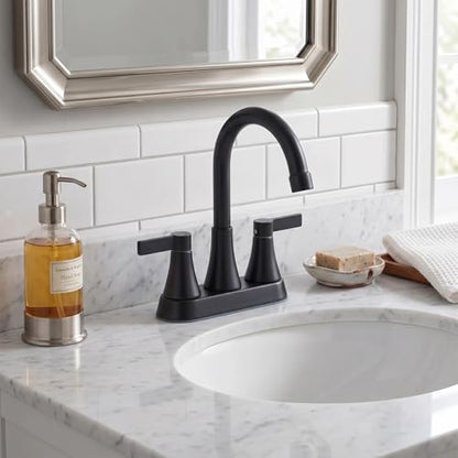 Matte Black Bathroom Faucet 3 Hole, VAPSINT 4 Inch Black Bathroom Sink Faucet, 2 Handle Stainless Steel Centerset Faucet for Vanity Lavatory RV with Pop-up Drain and Supply Hoses - color: Matte Black