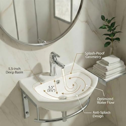 Renovators Supply Manufacturing Ridge 17 3/4 Inch Small Wall Mount Bathroom Sink Combo Grade A Vitreous China Solid Brass Faucet, Pop Up Drain & Stainless Steel Towel Bar in Chrome Finish, Overflow - color: Chroem