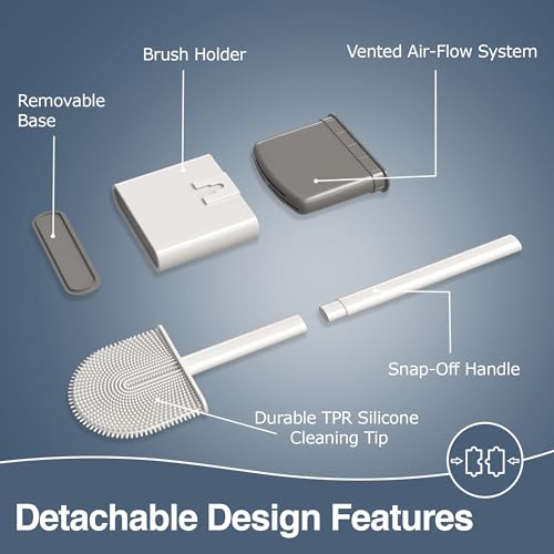 3 Pack Silicone Toilet Brushes & Holders– Includes 3 Crevice Brushes for Bathroom, Long Non-Slip Handle – Durable Bathroom Cleaning Set.