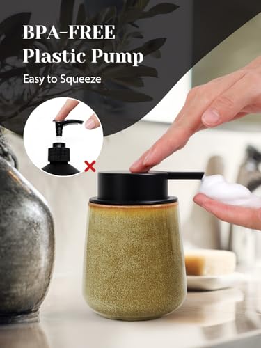 INGOFIN Ceramic Foaming Soap Dispenser - 12 oz Refillable Foam Hand Soap Dispenser Bathroom, Modern Dish Dispenser Pump for Kitchen,Kiln-Glazed Earthy Yellow-Brown - color: Yellow Brown