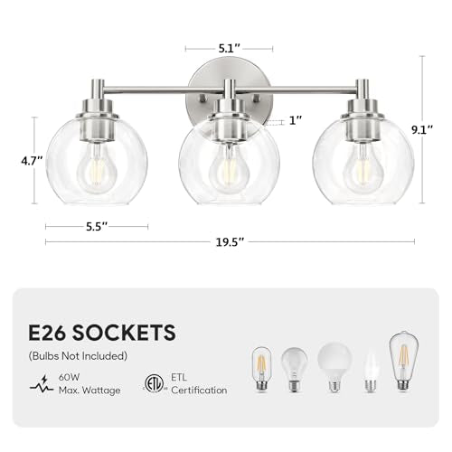 VONLUCE 3 Light Bathroom Vanity Light Fixtures, Brushed Nickel Finish | Globe Glass Shades, E26 Sockets, Easy to install, ETL Certificated, Vanity Lights for Bedroom Hallway Living Room - color: Nickel, size: 3-Light