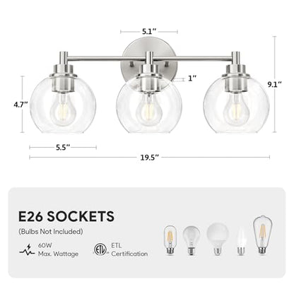 VONLUCE 3 Light Bathroom Vanity Light Fixtures, Brushed Nickel Finish | Globe Glass Shades, E26 Sockets, Easy to install, ETL Certificated, Vanity Lights for Bedroom Hallway Living Room - color: Nickel, size: 3-Light