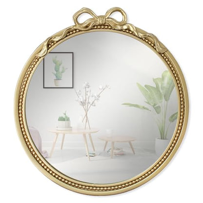 15.75" Small Gold Bow Decorative Round Mirror | Metal Frame, Wall Mounted, For Entryway, Bathroom, Living Room, Mini Size