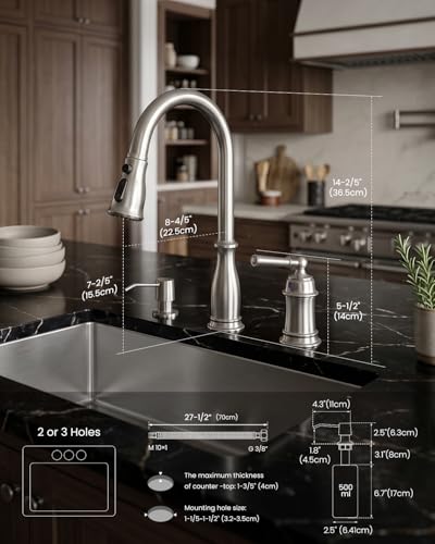 DAYONE 3 Holes Kitchen Sink Faucets with Pull Down Sprayer and Soap Dispenser, Separate Handle Brushed Nickel Sink Faucet for Kitchen, 2 Holes Single Handle High Arc - color: Brushed Nickel, style: Separate handle