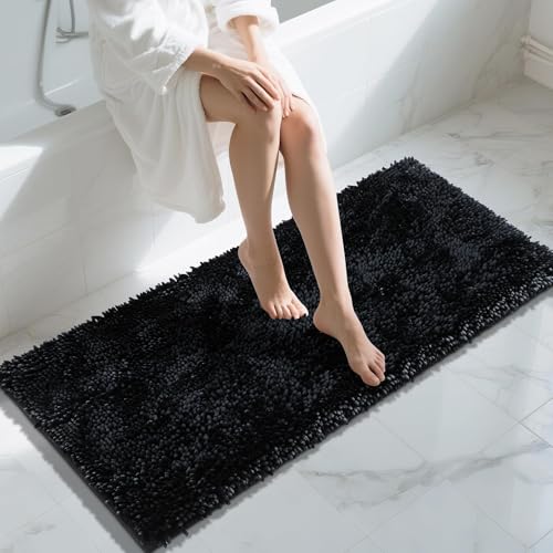 Yimobra Long Bathroom Rugs Runner 55x24 Inch, Extra Thick Soft Absorbent Chenille Bath Mat, Non Slip Machine Washable, Quick Dry Bath Rugs for Bathroom Floor, Tub and Shower, Black - color: Black, size: 55" X 24"