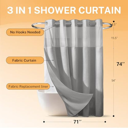 River Dream No Hooks Shower Curtain with 2 Snap in Liner, Light Grey, 71x74 | Waffle Weave, 1 Attached Snap in Liner and 1 Extra Replacement Liner, Bathroom Curtains Shower Set, Hotel Grade, Spa Like - color: Light Grey