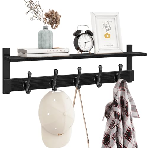 Homode Coat Hanger Wall Mount with Shelf, 29 in Hanging Rack with Storage, Entryway Shelf with Pegs for Hanging Coats, Hats, Towels, Purse, Robes, Black - color: Black, size: 29 Inch Long