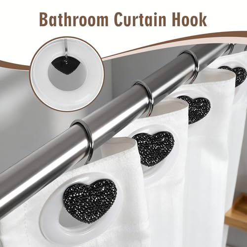 BBV Shower Curtain Hooks Rings for Valentine's Day, 12 Pcs Stainless Steel Glide Shower Hooks for Bathroom Shower Rods Curtains (Black Rhinestones) - color: Black Rhinestones