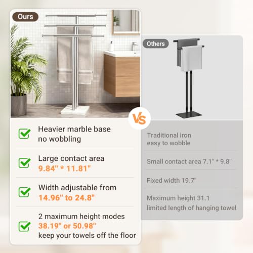 ELYKEN Standing Towel Rack for Bathroom, Adjustable 3-Tier Towel Stand | Weighted Marble Base, Brushed Stainless Steel, Freestanding Design, Holds Bath Towels, Rust Resistant, Ideal for Bathroom - size: 3 Tiers