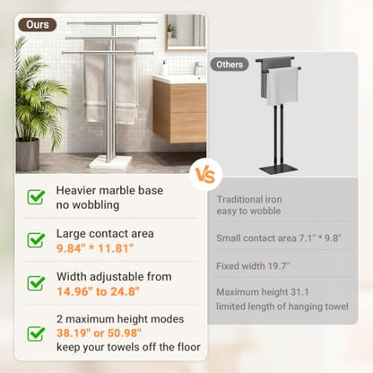 ELYKEN Standing Towel Rack for Bathroom, Adjustable 3-Tier Towel Stand | Weighted Marble Base, Brushed Stainless Steel, Freestanding Design, Holds Bath Towels, Rust Resistant, Ideal for Bathroom - size: 3 Tiers