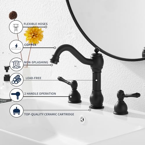 2 Handles 3 Holes Faucet Widespread Bathroom Sink Faucet Basin Tap Mixer Supply Hose Included Matching Pop Up Drain Matte Black - color: Black, size: Widespread