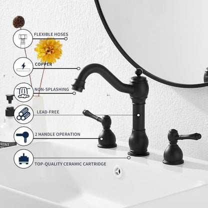 2 Handles 3 Holes Faucet Widespread Bathroom Sink Faucet Basin Tap Mixer Supply Hose Included Matching Pop Up Drain Matte Black - color: Black, size: Widespread