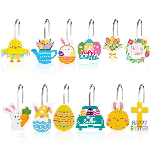 12Pcs Shower Curtain Hooks Hangers Decorative Metal Rustproof Bathroom Room Pendants Decor Accessories with Bunny Happy Carrot Flower Chick Rabbit Stainless Curtains Rings